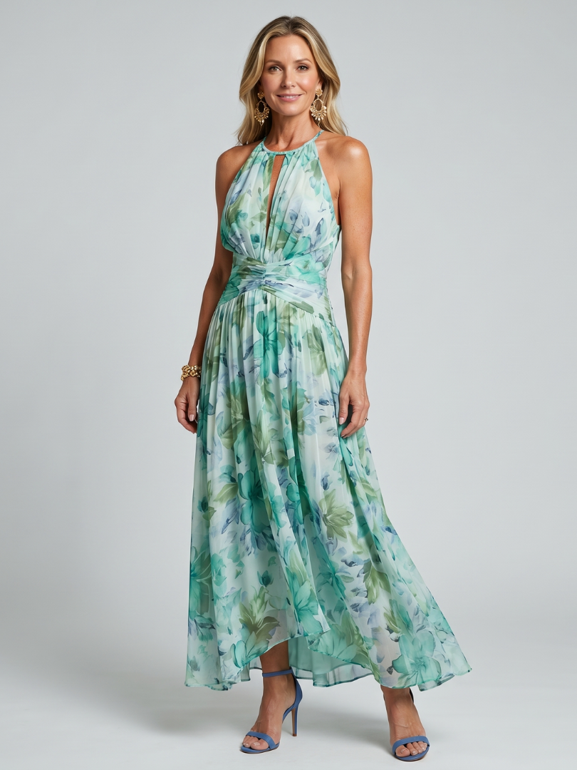 Teresa - Vestido midi plisado con cuello halter y estampado floral
