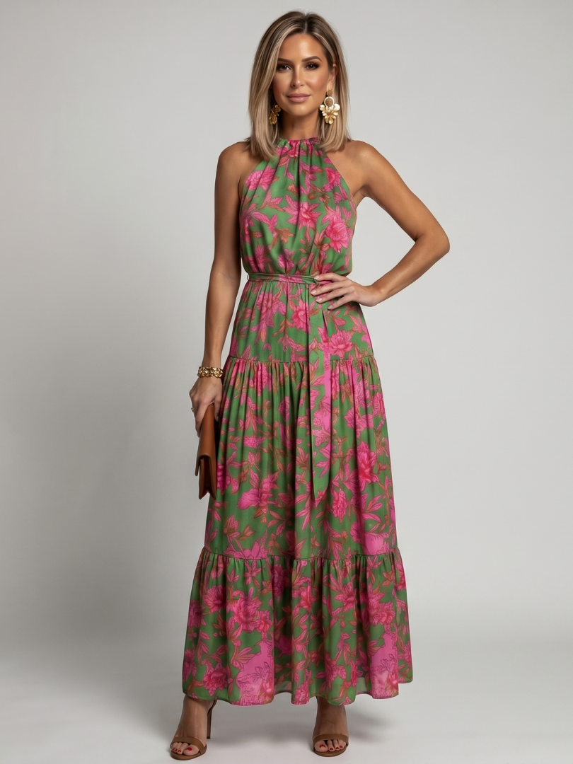 Julia - Vestido midi drapeado en rosa con un elegante escote halter