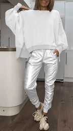 Top Casual de Cuello Redondo para Mujer + Pantalones de Cuero