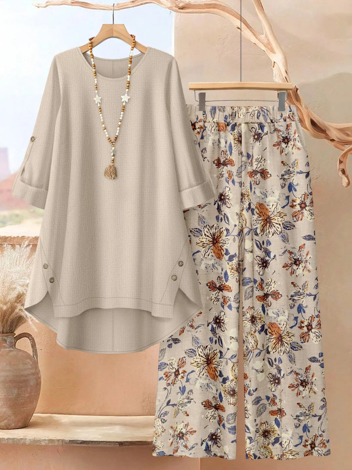 Rosette - Conjunto de túnica de capas ligera y pantalón de pernera ancha