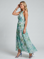 Teresa - Vestido midi plisado con cuello halter y estampado floral