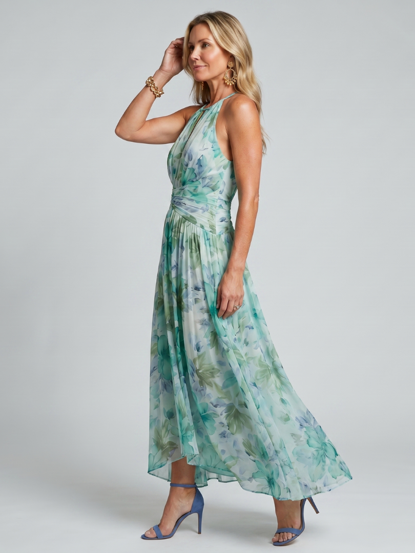Teresa - Vestido midi plisado con cuello halter y estampado floral