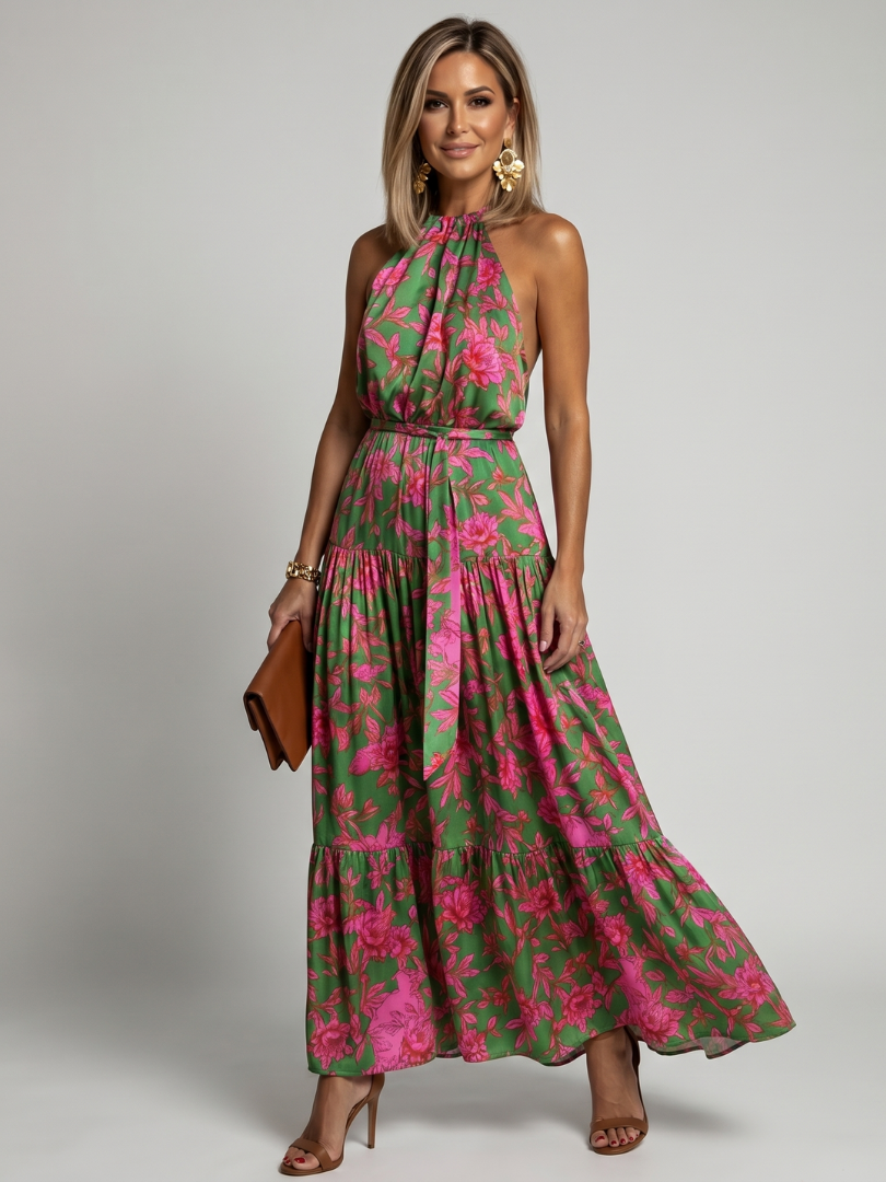 Julia - Vestido midi drapeado en rosa con un elegante escote halter