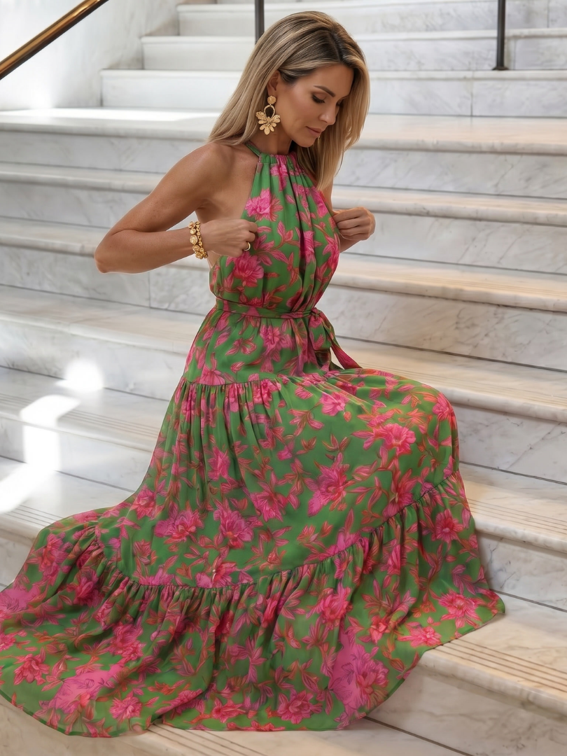 Julia - Vestido midi drapeado en rosa con un elegante escote halter
