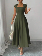 Ysolenne - Vestido midi con escote cuadrado de tacto suave