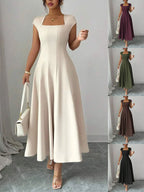 Ysolenne - Vestido midi con escote cuadrado de tacto suave