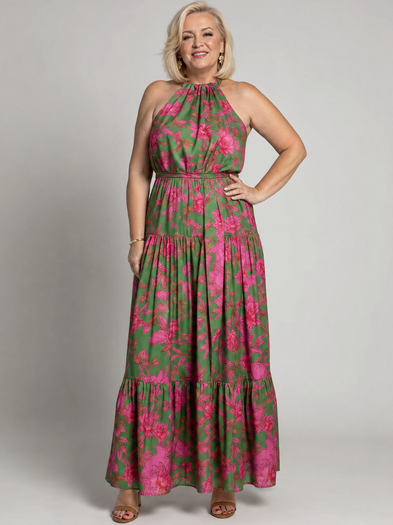 Julia - Vestido midi drapeado en rosa con un elegante escote halter