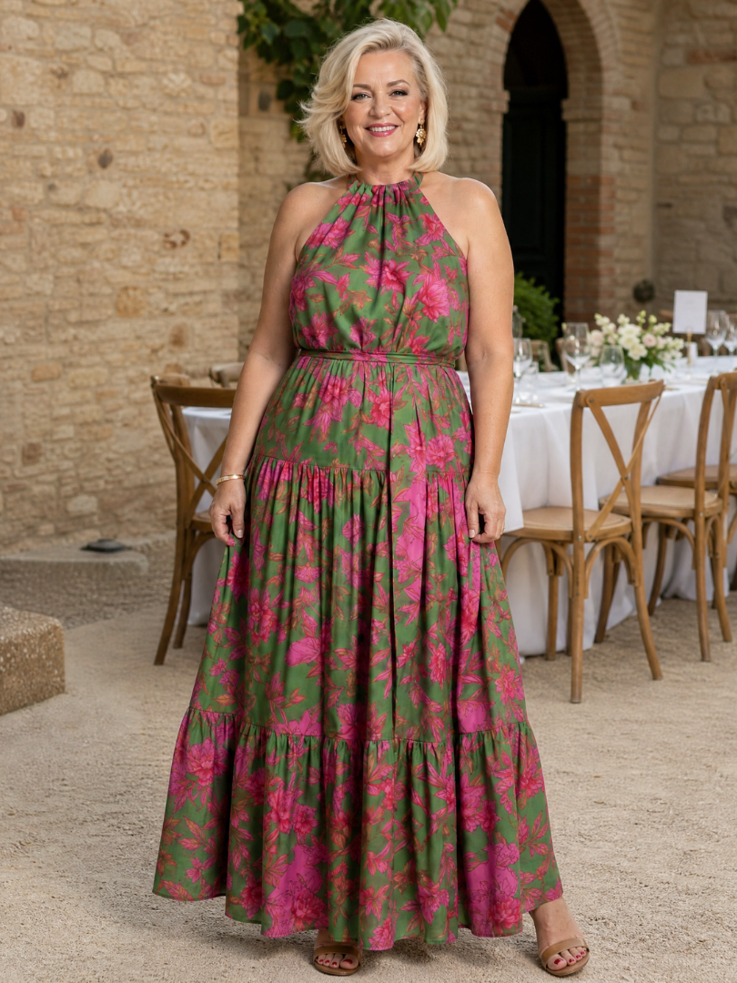 Julia - Vestido midi drapeado en rosa con un elegante escote halter