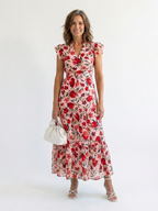 Lila | Vestido midi con cuello en V y volantes, con estampado floral