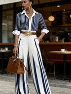 Sol - Conjunto de camisa de rayas y pantalón ancho para mujer