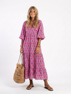 Gala | Vestido midi estampado con cuello en V y mangas tres cuartos