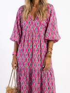Gala | Vestido midi estampado con cuello en V y mangas tres cuartos
