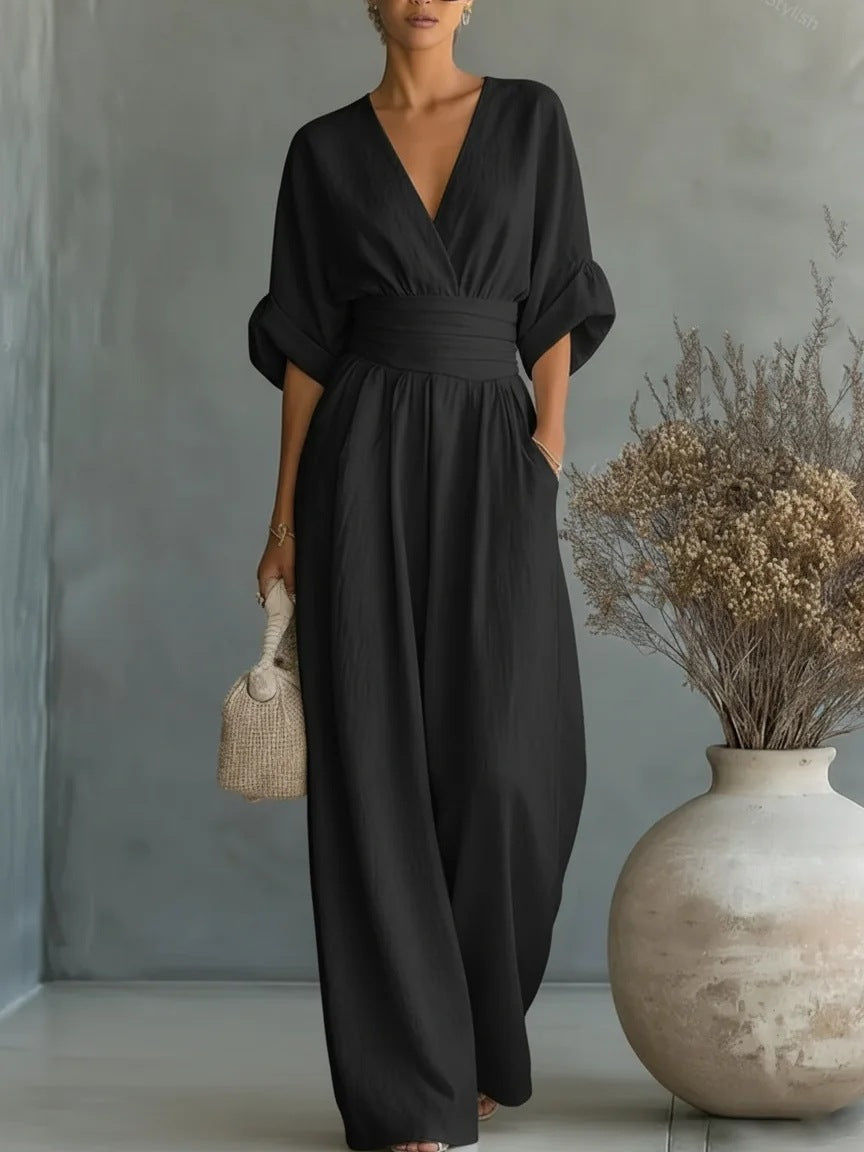 Valeria - Elegante vestido con escote en V, espalda descubierta y mangas fluidas