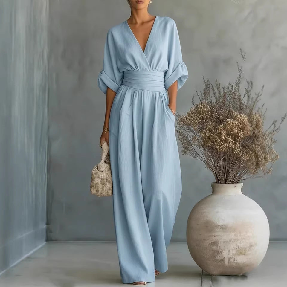Valeria - Elegante vestido con escote en V, espalda descubierta y mangas fluidas