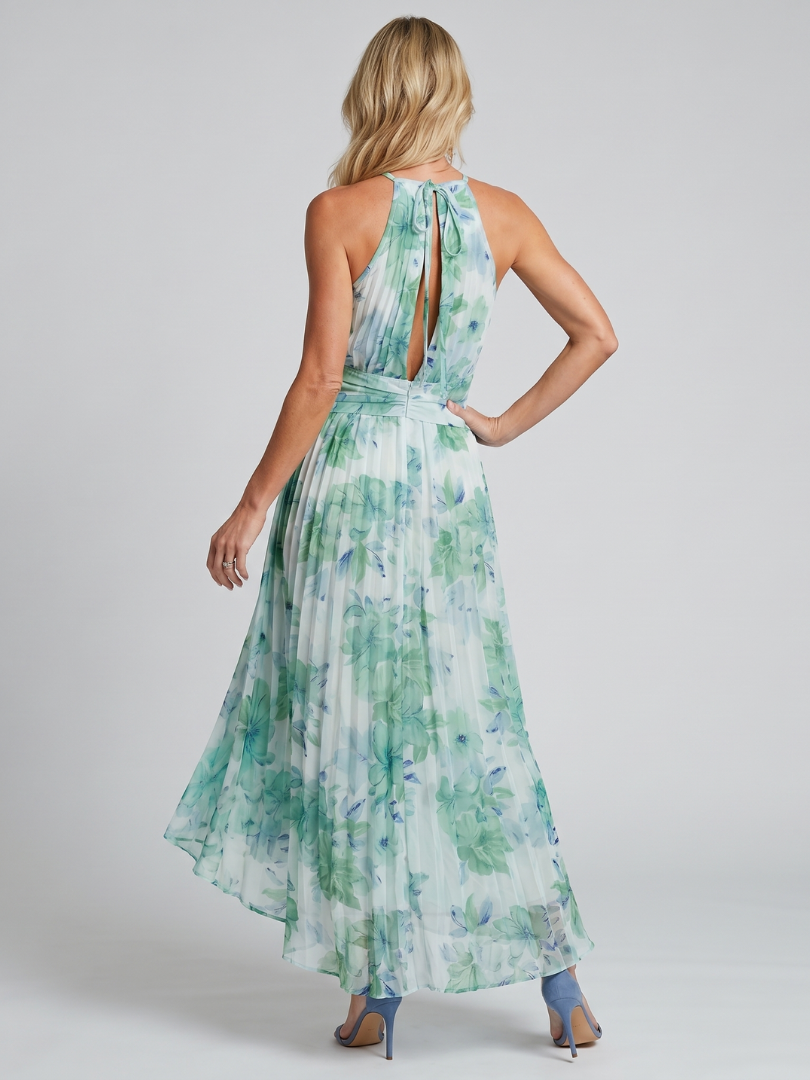 Teresa - Vestido midi plisado con cuello halter y estampado floral