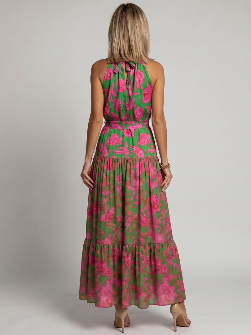 Julia - Vestido midi drapeado en rosa con un elegante escote halter