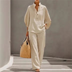 Maribel | Conjunto de lino con mangas murciélago y pantalón ancho