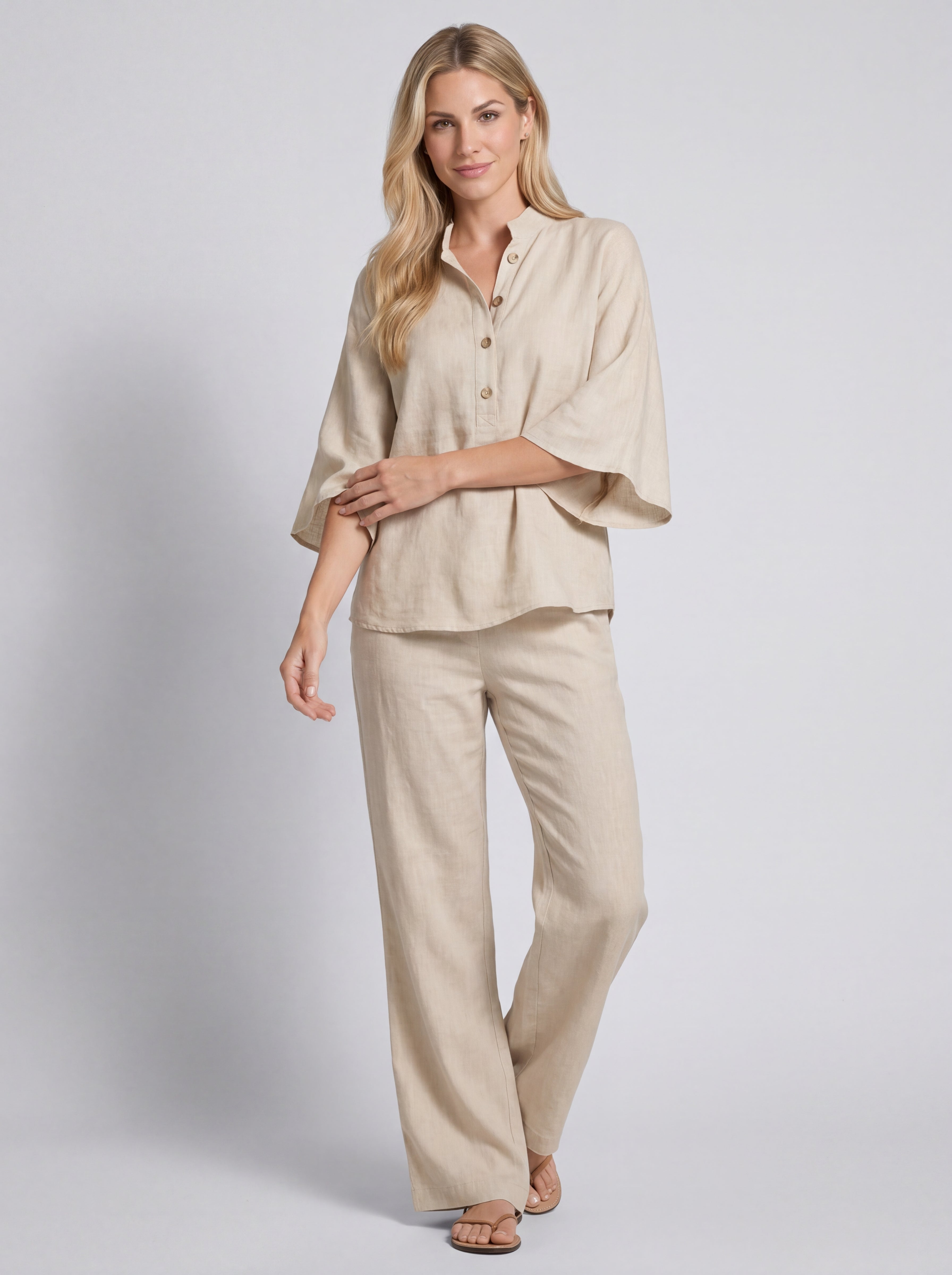 Conjunto efecto algodón y lino con mangas murciélago y pantalones anchos