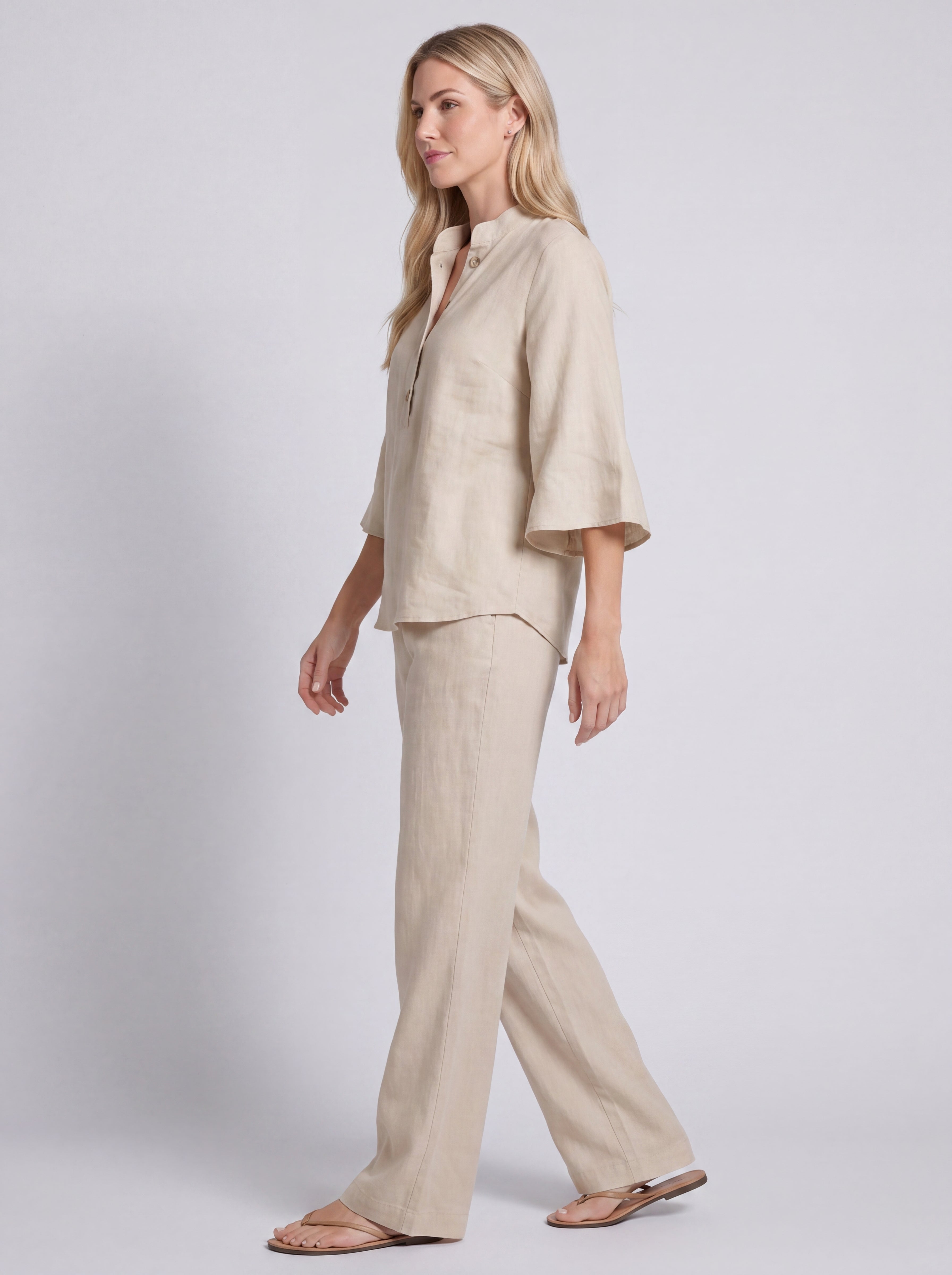 Conjunto efecto algodón y lino con mangas murciélago y pantalones anchos
