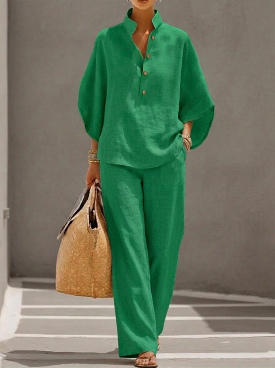 Conjunto efecto algodón y lino con mangas murciélago y pantalones anchos