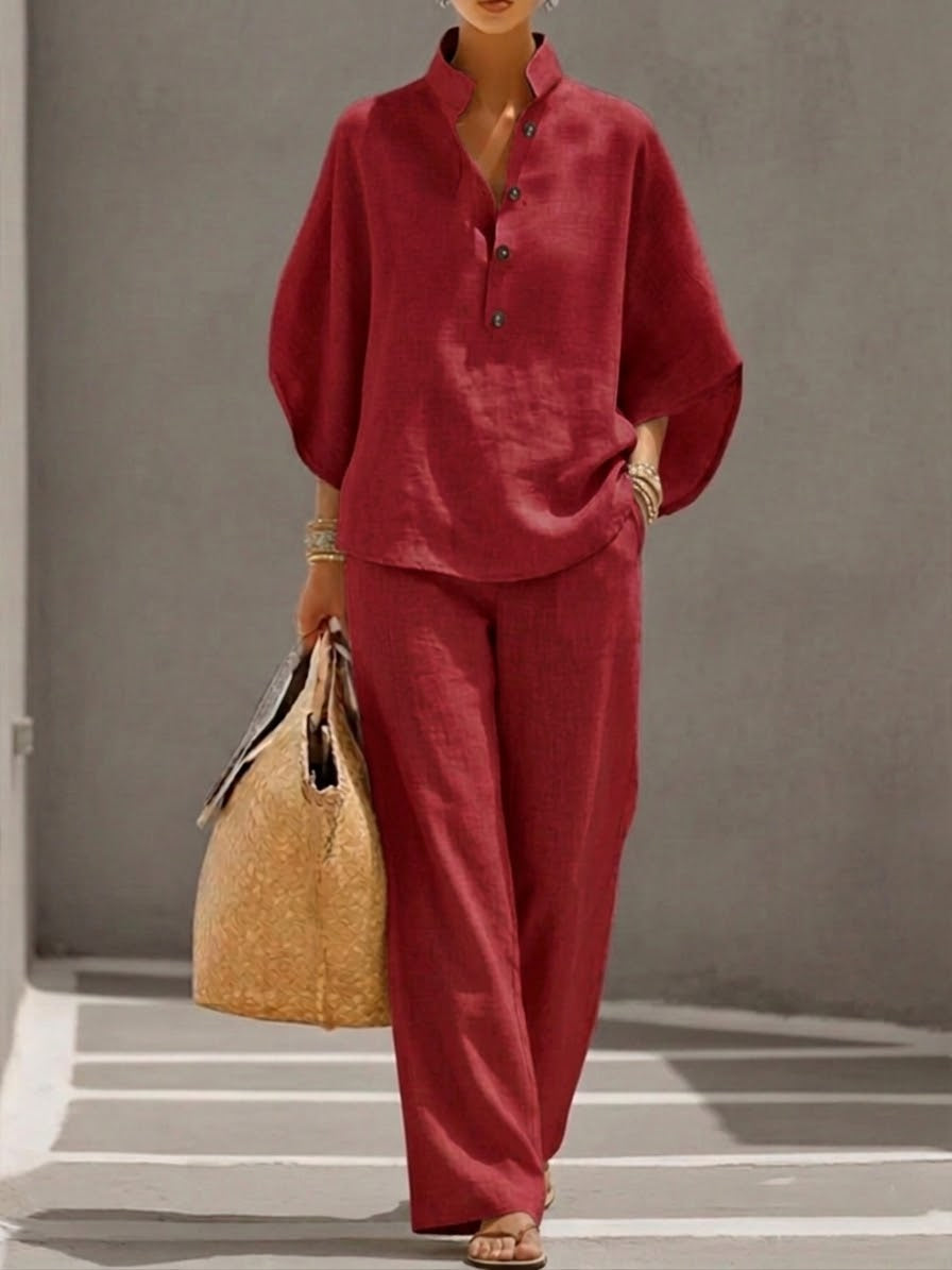Conjunto efecto algodón y lino con mangas murciélago y pantalones anchos