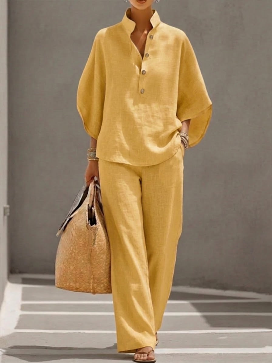 Conjunto efecto algodón y lino con mangas murciélago y pantalones anchos