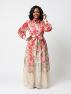 Noa |  Vestido largo de manga larga con estampado floral y tejido transparente